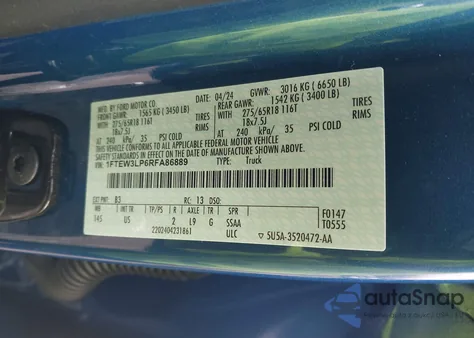 2024 Ford F-150 Xlt из США, поврежденный, VIN 1FTEW3LP6RFA86889